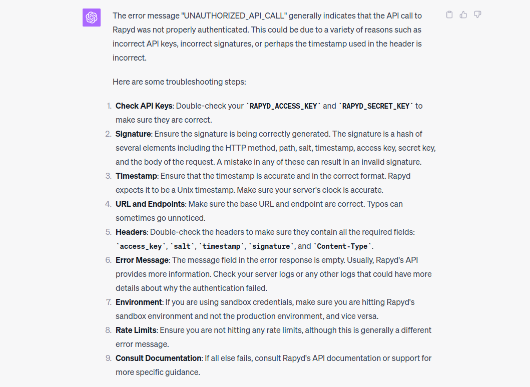 ChatGPT's explanation for the error message "UNAUTHORIZED API CALL"