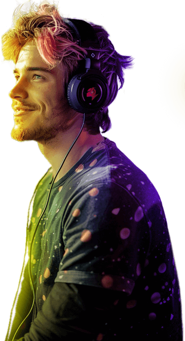 A developer with headphones smiles